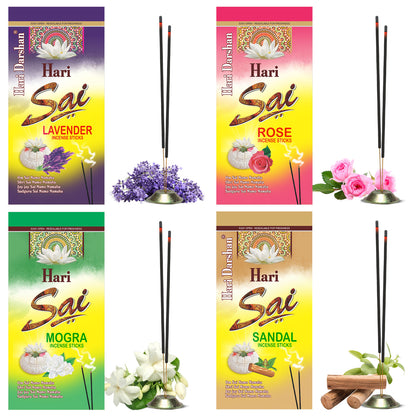 Combo of Hari Sai Agarbatti - Sandal, Rose, Lavender, Mogra - 120g each - Pack of 4 - Rich Perfumed Incense Stick