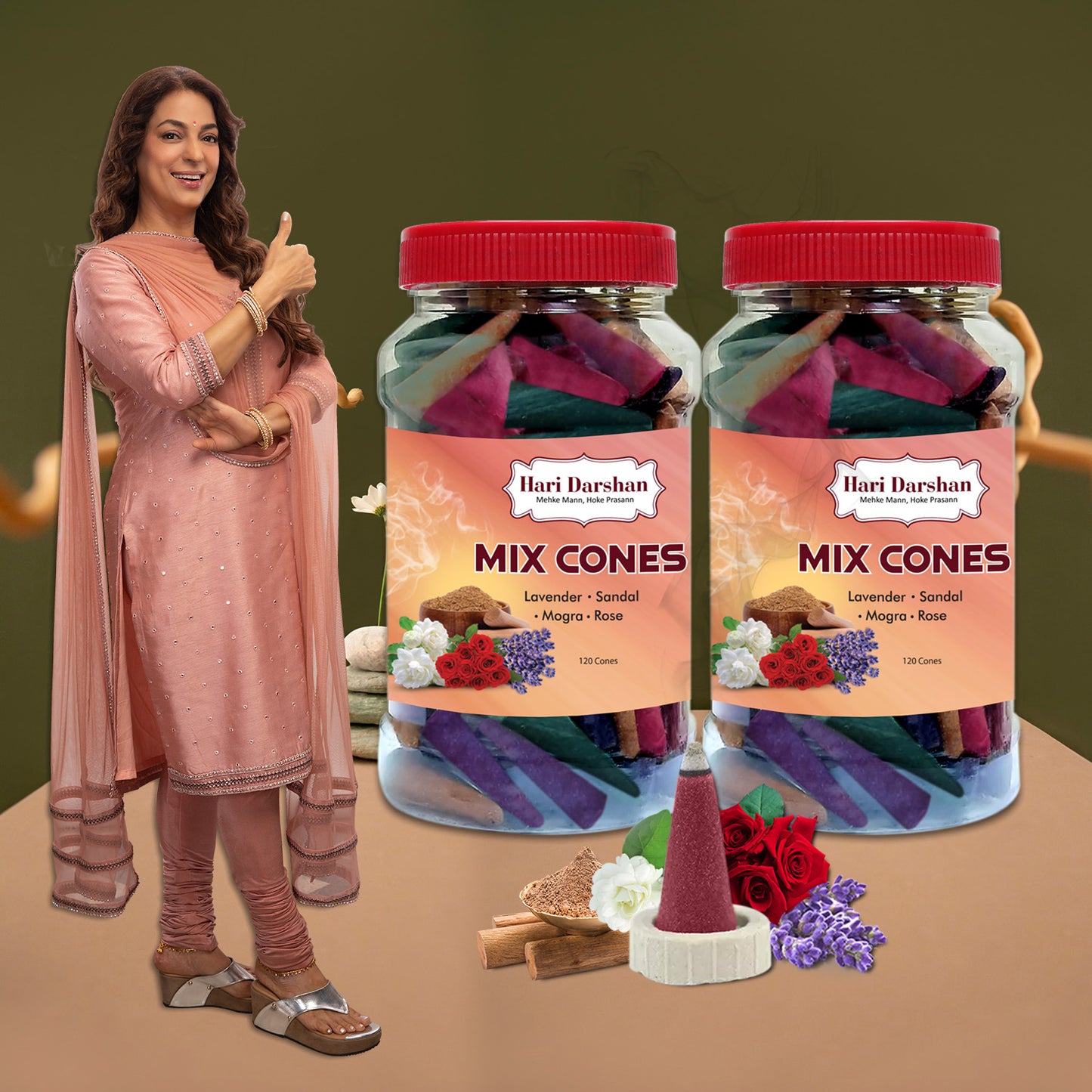 Mix Dhoop Cones - Rose, Mogra, Lavender & Sandal - 120 Cones in Each Jar