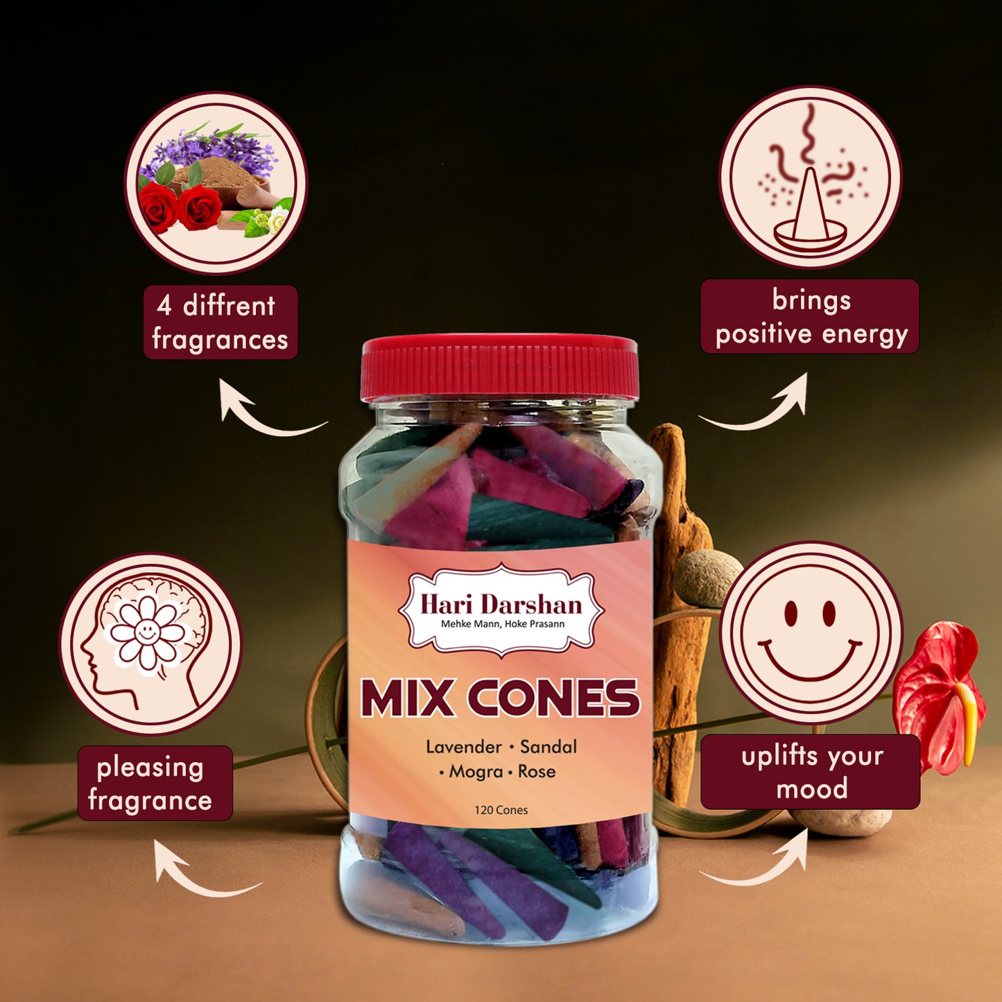 Mix Dhoop Cones - Rose, Mogra, Lavender & Sandal - 120 Cones in Each Jar