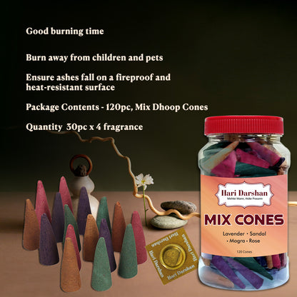 Mix Dhoop Cones - Rose, Mogra, Lavender & Sandal - 120 Cones in Each Jar