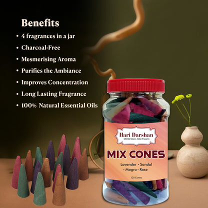 Mix Dhoop Cones - Rose, Mogra, Lavender & Sandal - 120 Cones in Each Jar