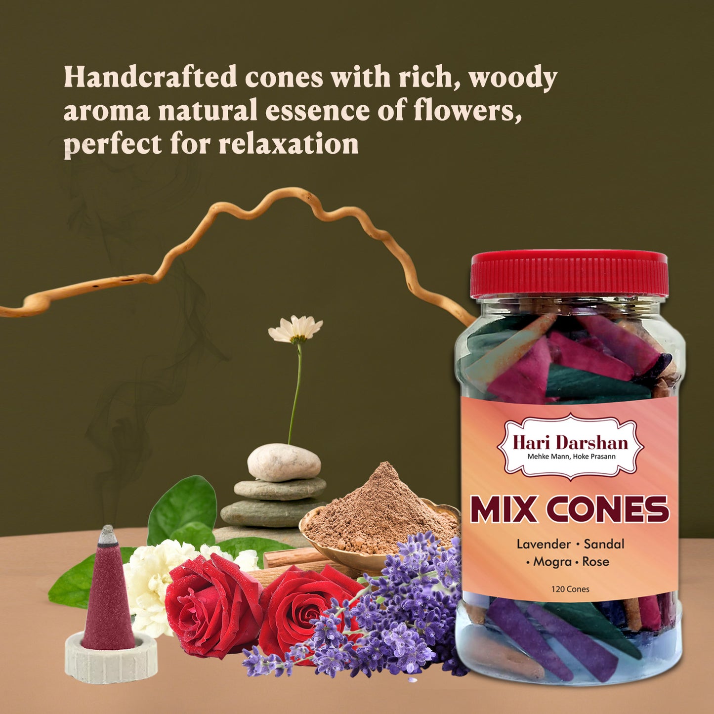 Mix Dhoop Cones - Rose, Mogra, Lavender & Sandal - 120 Cones in Each Jar