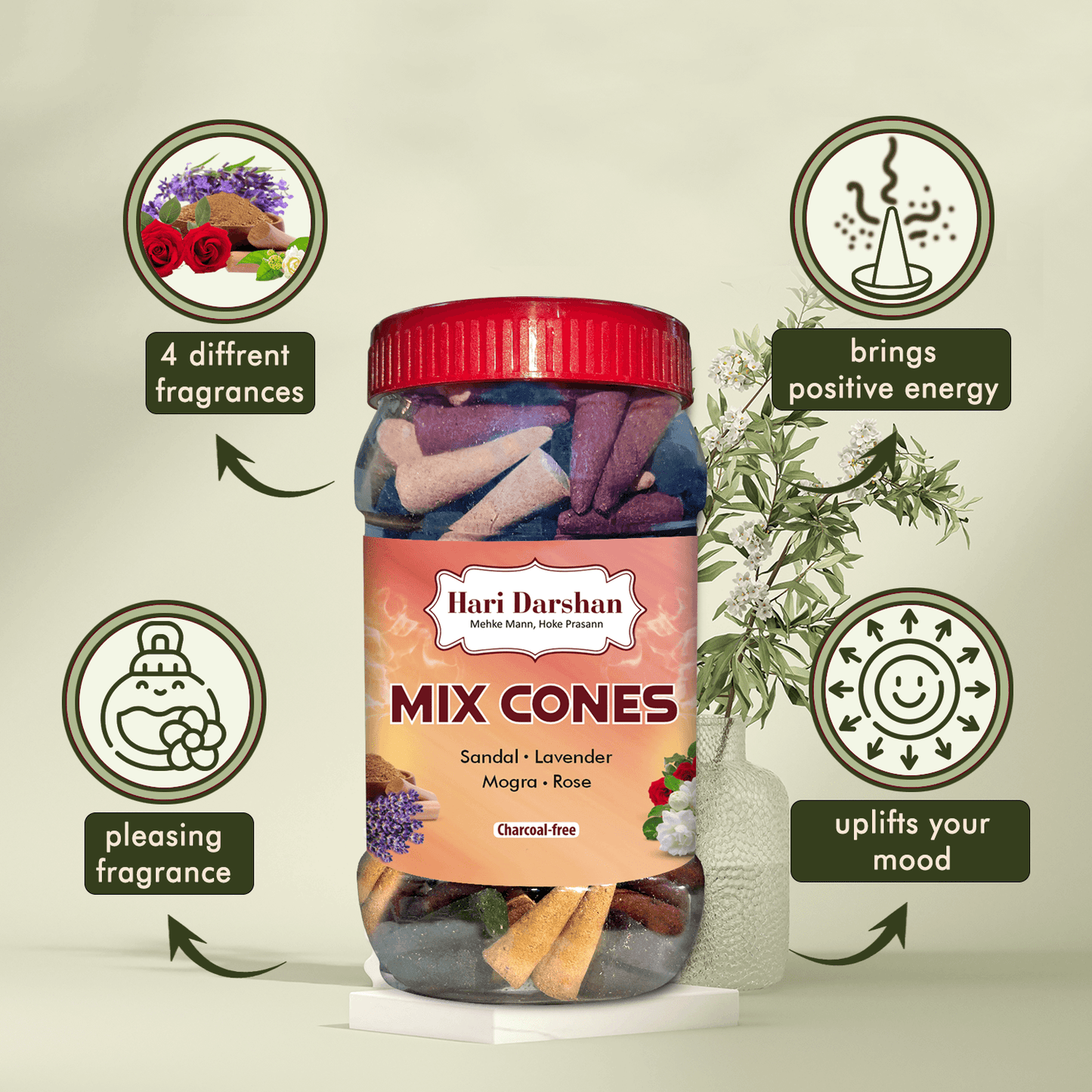 Mix Dhoop Cones - Rose, Mogra, Lavender & Sandal - 450gm Jar