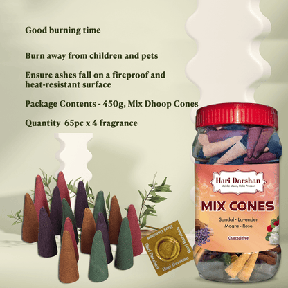 Mix Dhoop Cones - Rose, Mogra, Lavender & Sandal - 450gm Jar