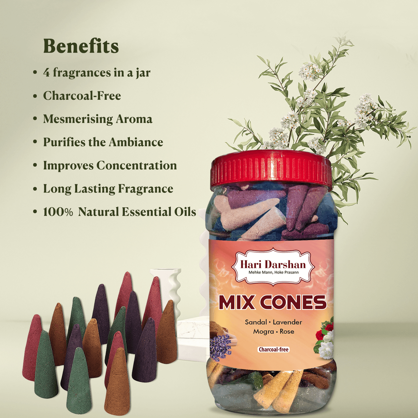 Mix Dhoop Cones - Rose, Mogra, Lavender & Sandal - 450gm Jar