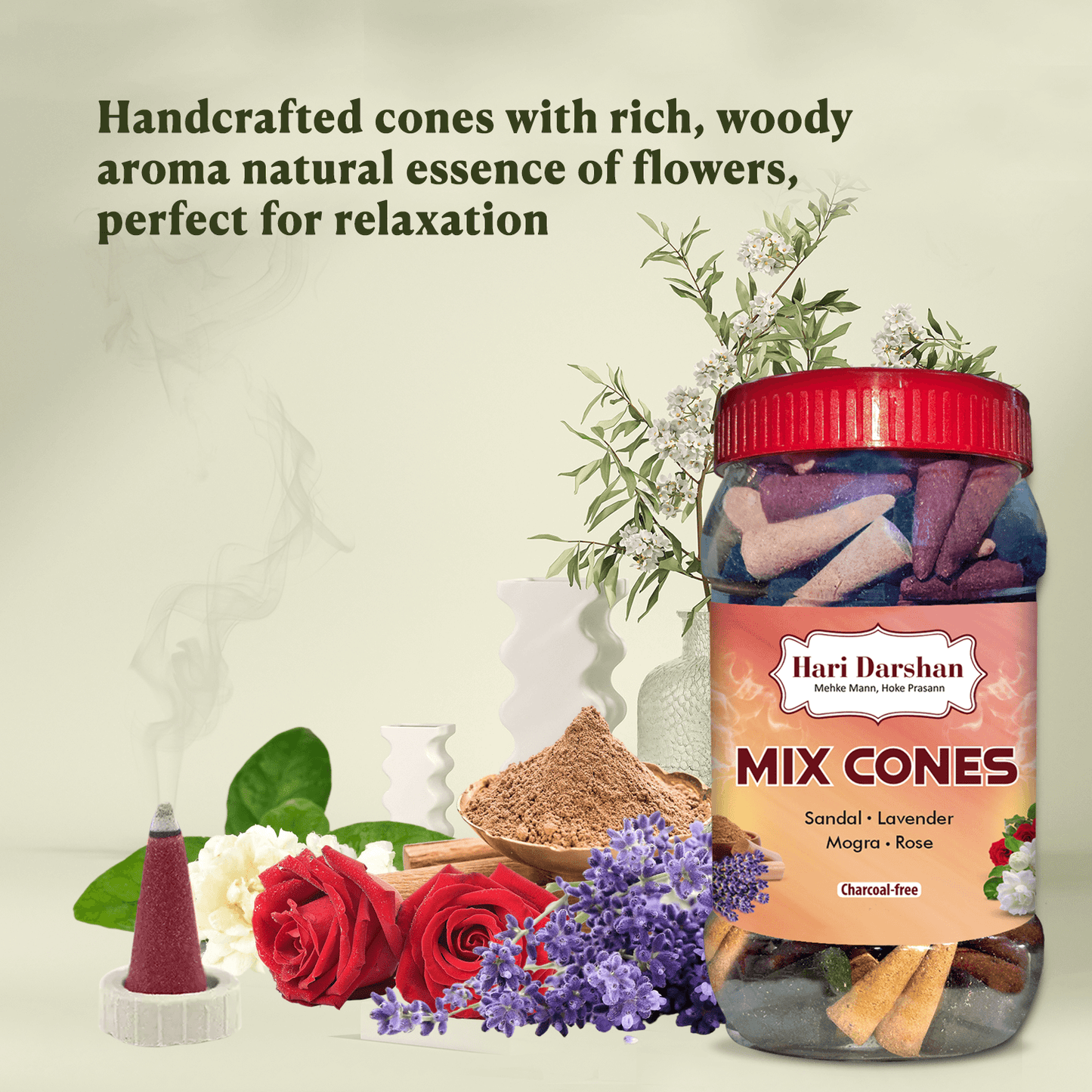 Mix Dhoop Cones - Rose, Mogra, Lavender & Sandal - 450gm Jar