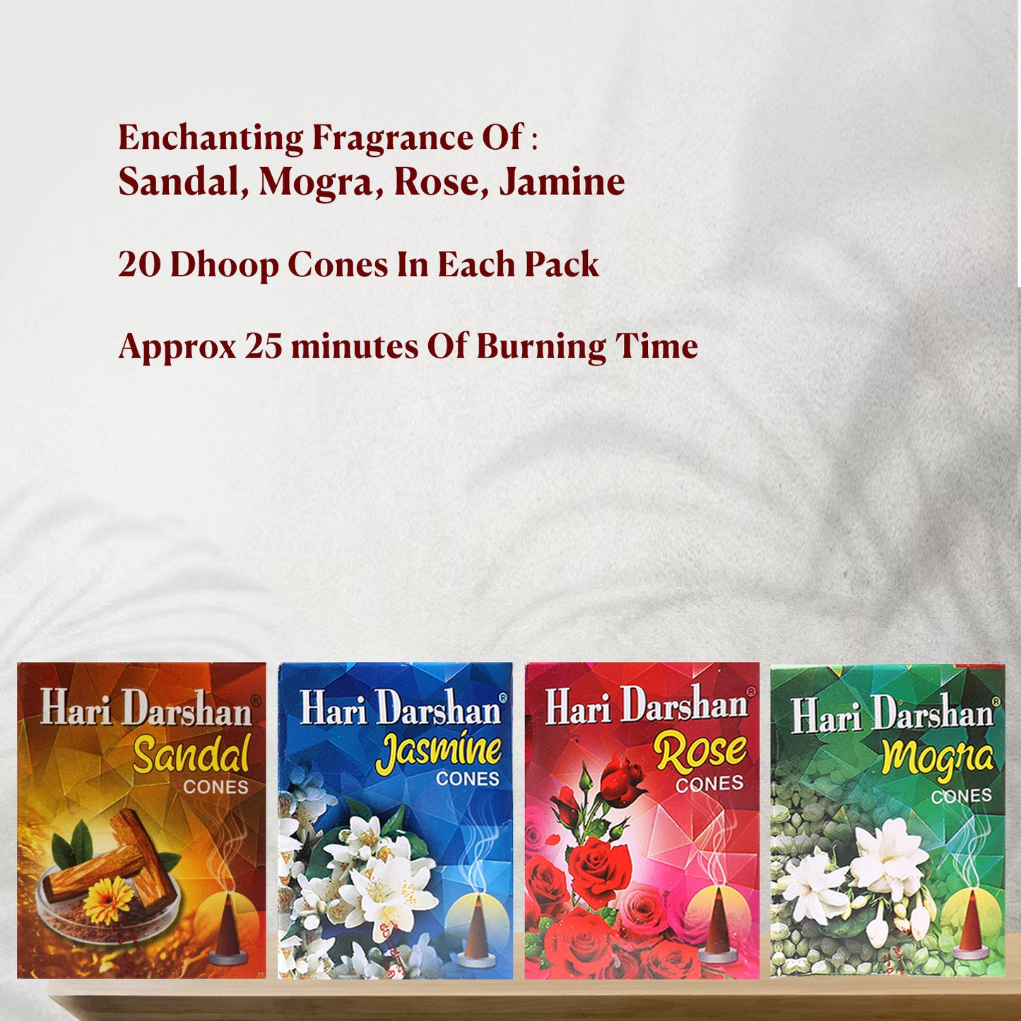 Combo of Dry Dhoop Cones - Mogra, Rose, Jasmine, Sandal - 3 Pack of Each Fragrance (20 Cones in Each Pack), Pack of 12