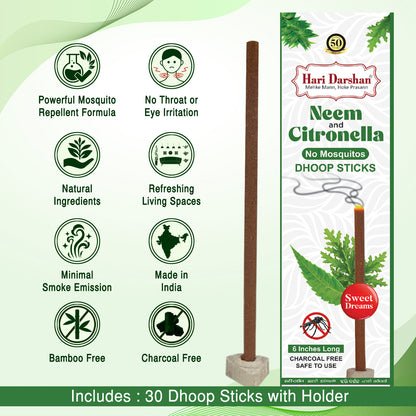 NEEM and CITRONELLA - No Mosquito Repellent Dhoop Sticks | 6 Inch Long with Holder | Charcoal Free