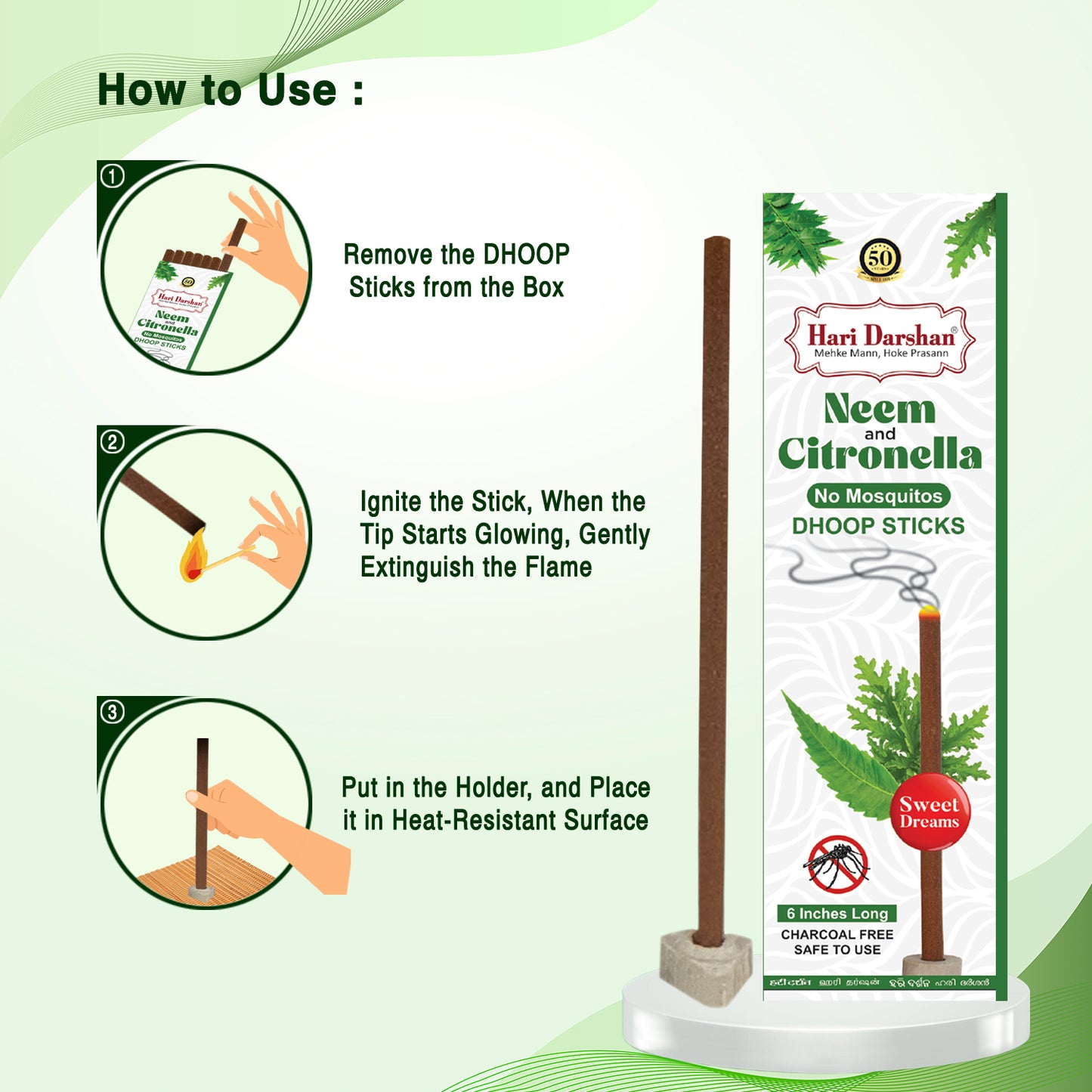 NEEM and CITRONELLA - No Mosquito Repellent Dhoop Sticks | 6 Inch Long with Holder | Charcoal Free