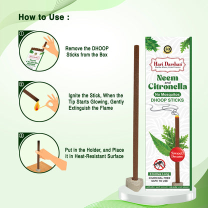 NEEM and CITRONELLA - No Mosquito Repellent Dhoop Sticks | 6 Inch Long with Holder | Charcoal Free