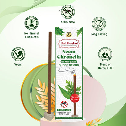 NEEM and CITRONELLA - No Mosquito Repellent Dhoop Sticks | 6 Inch Long with Holder | Charcoal Free