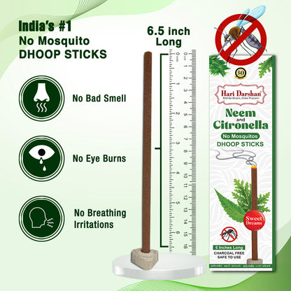 NEEM and CITRONELLA - No Mosquito Repellent Dhoop Sticks | 6 Inch Long with Holder | Charcoal Free