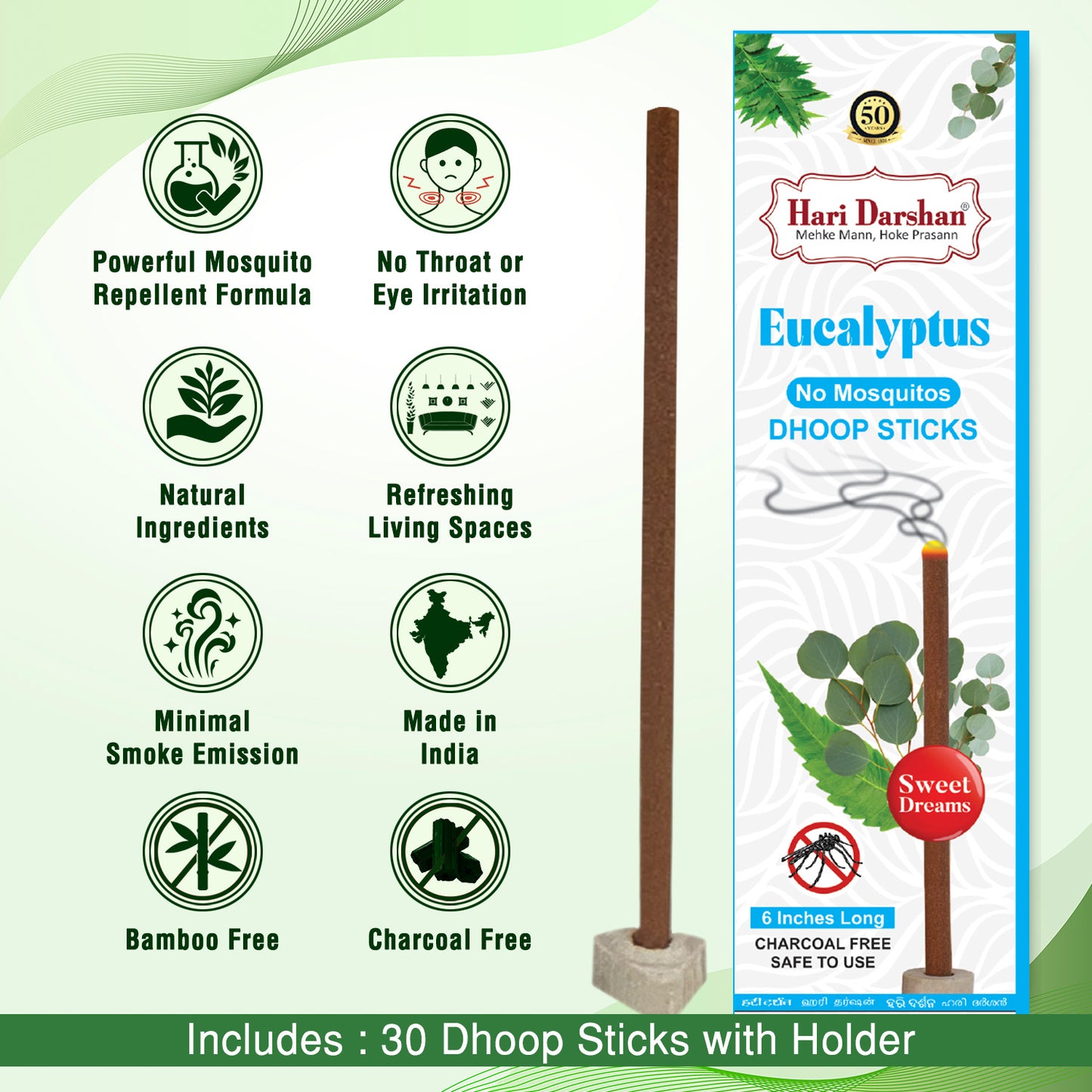 EUCALYPTUS - No Mosquito Repellent Dhoop Sticks | 6 Inch Long with Holder | Charcoal Free