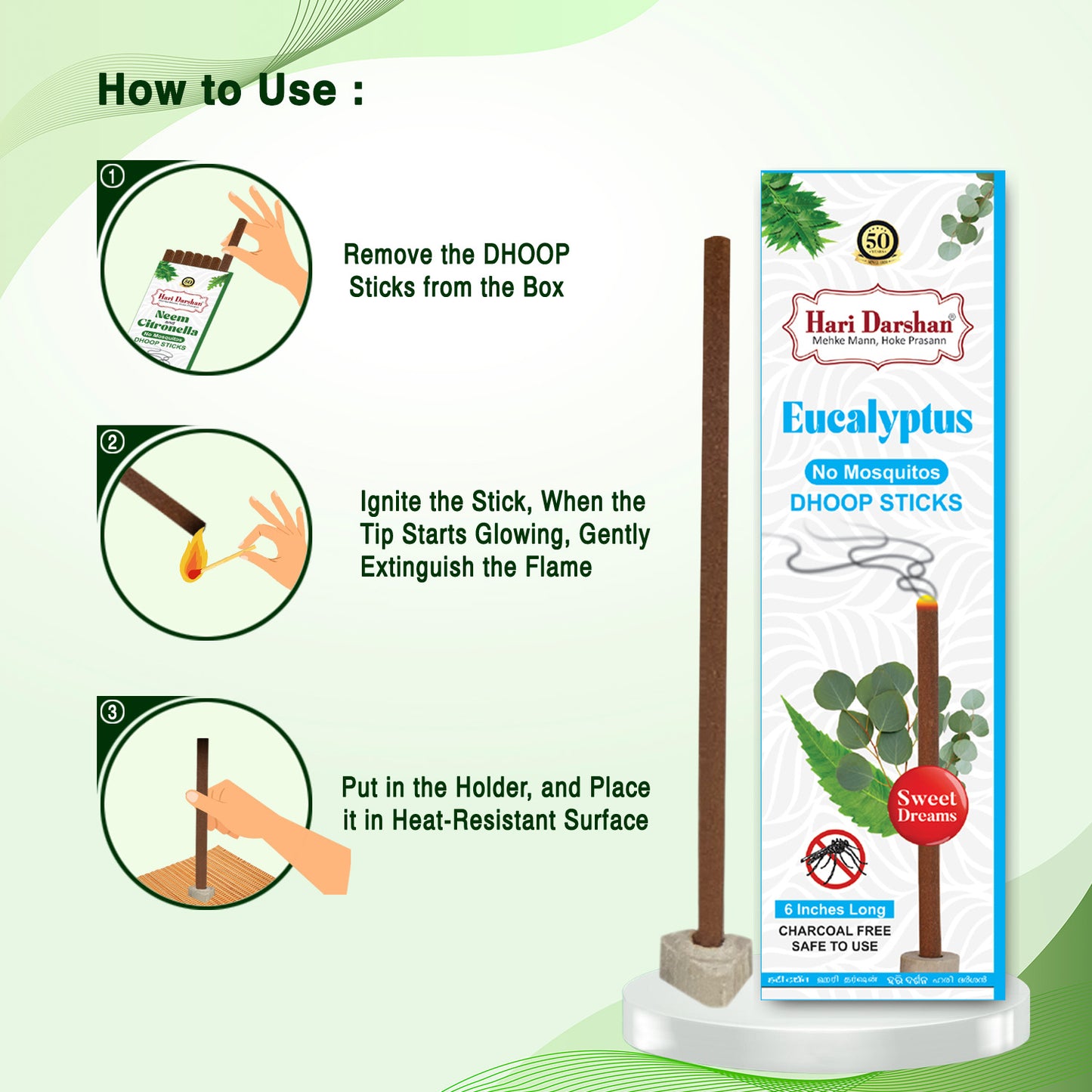 EUCALYPTUS - No Mosquito Repellent Dhoop Sticks | 6 Inch Long with Holder | Charcoal Free