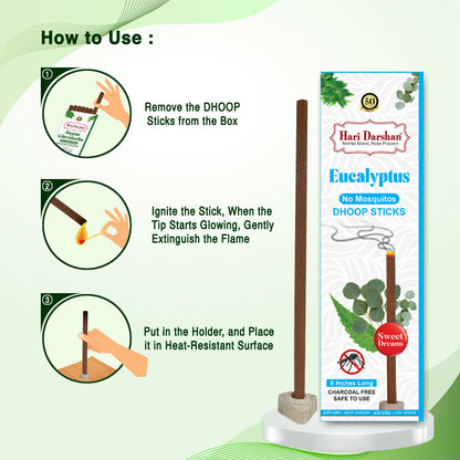 EUCALYPTUS - No Mosquito Repellent Dhoop Sticks | 6 Inch Long with Holder | Charcoal Free