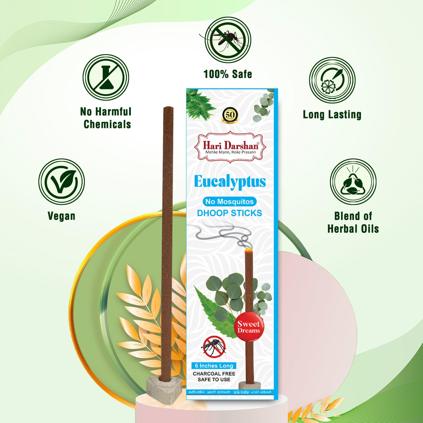 EUCALYPTUS - No Mosquito Repellent Dhoop Sticks | 6 Inch Long with Holder | Charcoal Free