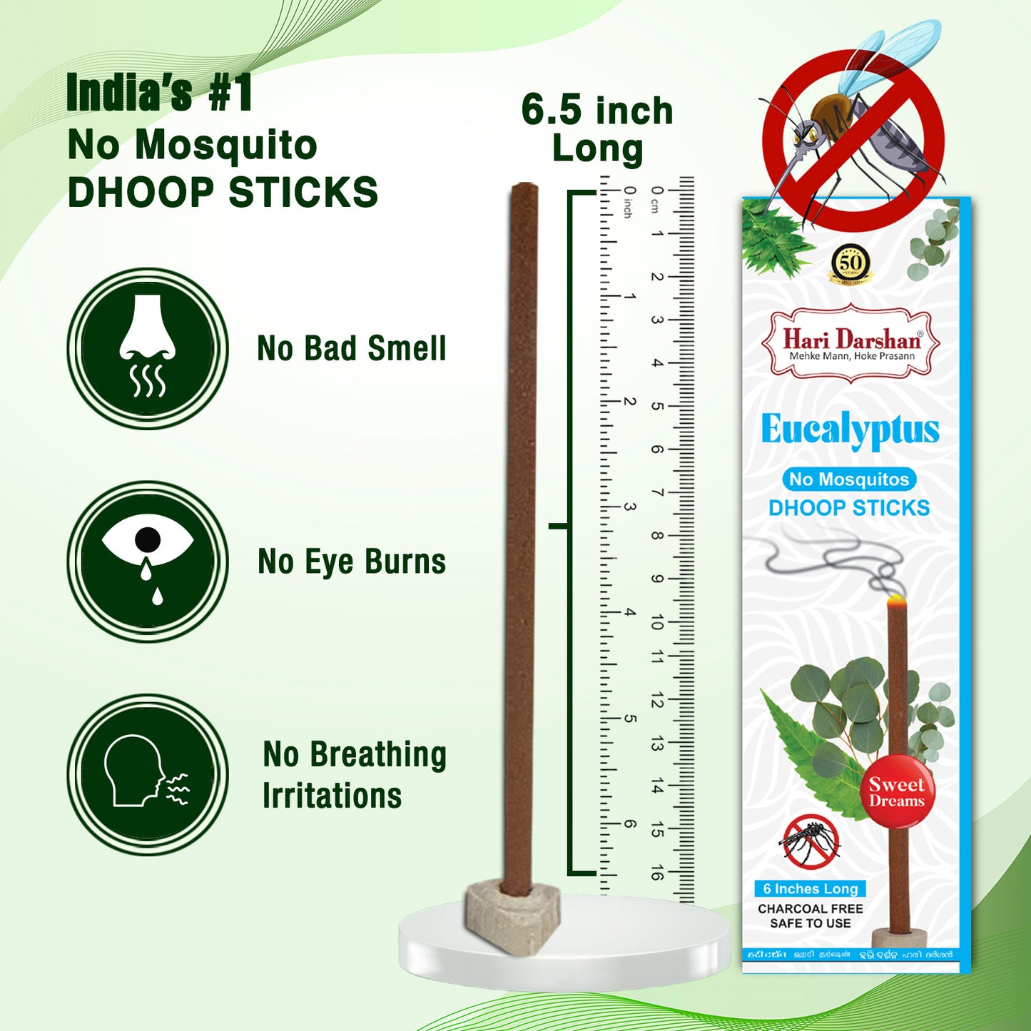 EUCALYPTUS - No Mosquito Repellent Dhoop Sticks | 6 Inch Long with Holder | Charcoal Free