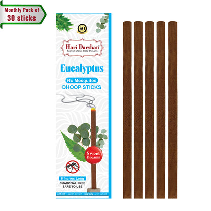 EUCALYPTUS - No Mosquito Repellent Dhoop Sticks | 6 Inch Long with Holder | Charcoal Free