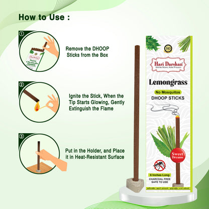 LEMONGRASS - No Mosquito Repellent Dhoop Sticks | 6 Inch Long with Holder | Charcoal Free