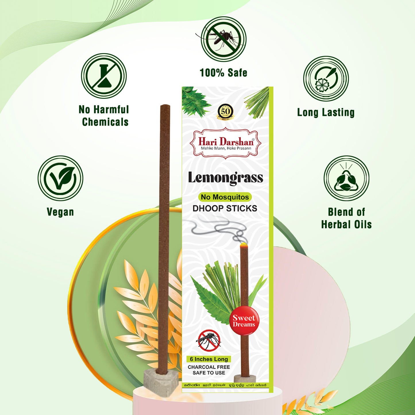 LEMONGRASS - No Mosquito Repellent Dhoop Sticks | 6 Inch Long with Holder | Charcoal Free