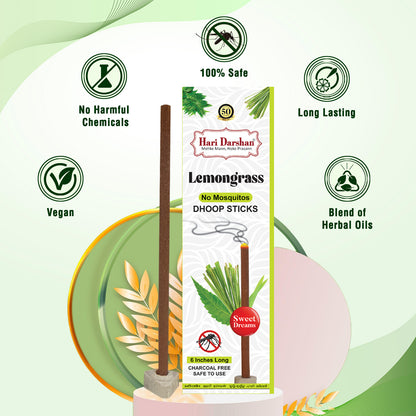 LEMONGRASS - No Mosquito Repellent Dhoop Sticks | 6 Inch Long with Holder | Charcoal Free