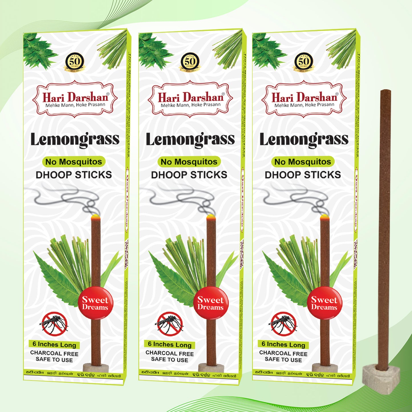 LEMONGRASS - No Mosquito Repellent Dhoop Sticks | 6 Inch Long with Holder | Charcoal Free