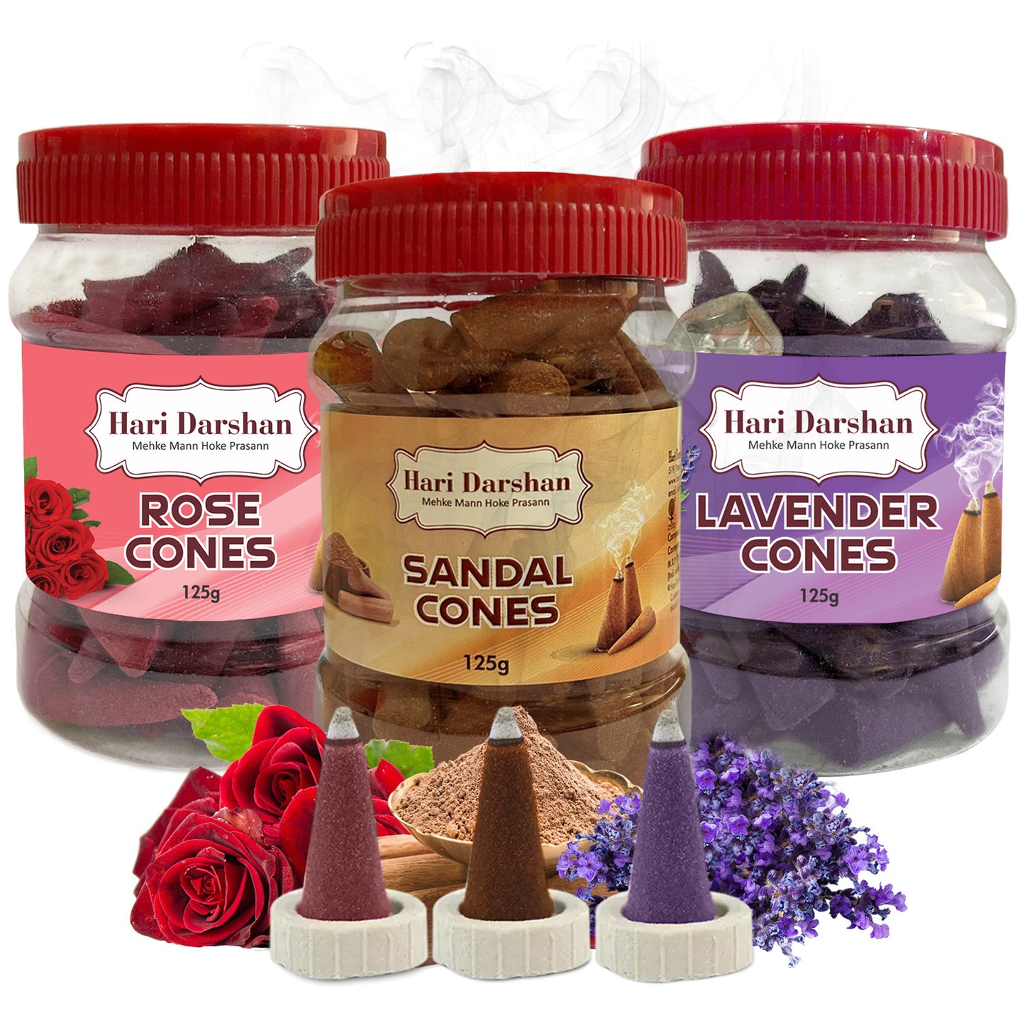 Combo of Lavender, Sandal, Rose - Dhoop Cones Jar - Pack of 3, 65 Pcs in Each Pack