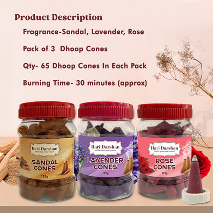 Combo of Lavender, Sandal, Rose - Dhoop Cones Jar - Pack of 3, 65 Pcs in Each Pack