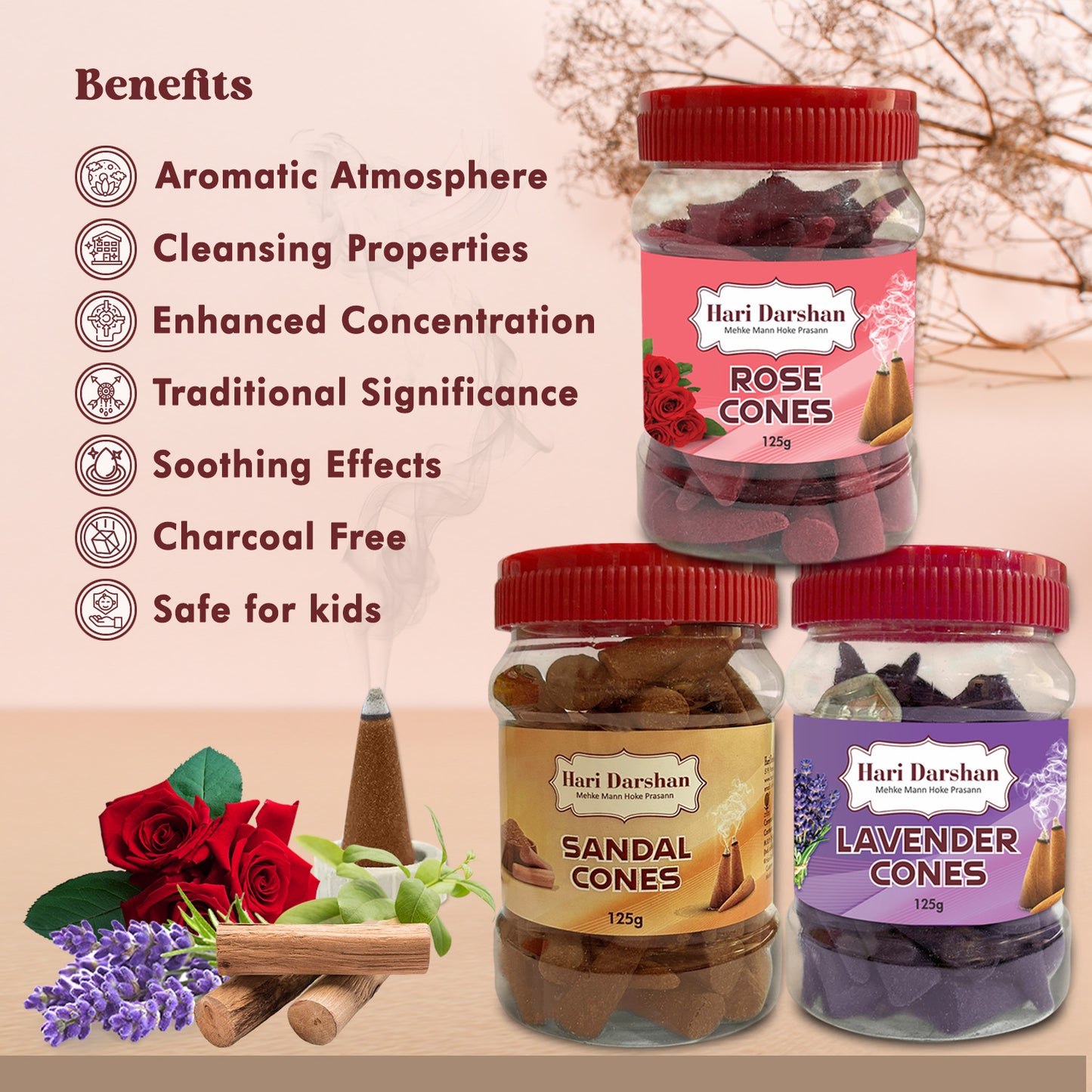 Combo of Lavender, Sandal, Rose - Dhoop Cones Jar - Pack of 3, 65 Pcs in Each Pack