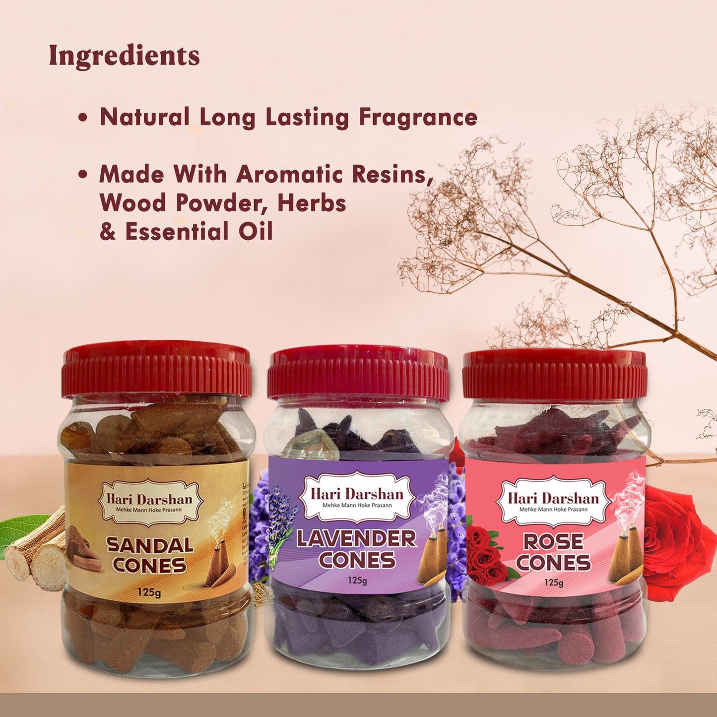 Combo of Lavender, Sandal, Rose - Dhoop Cones Jar - Pack of 3, 65 Pcs in Each Pack