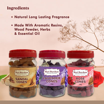 Combo of Lavender, Sandal, Rose - Dhoop Cones Jar - Pack of 3, 65 Pcs in Each Pack