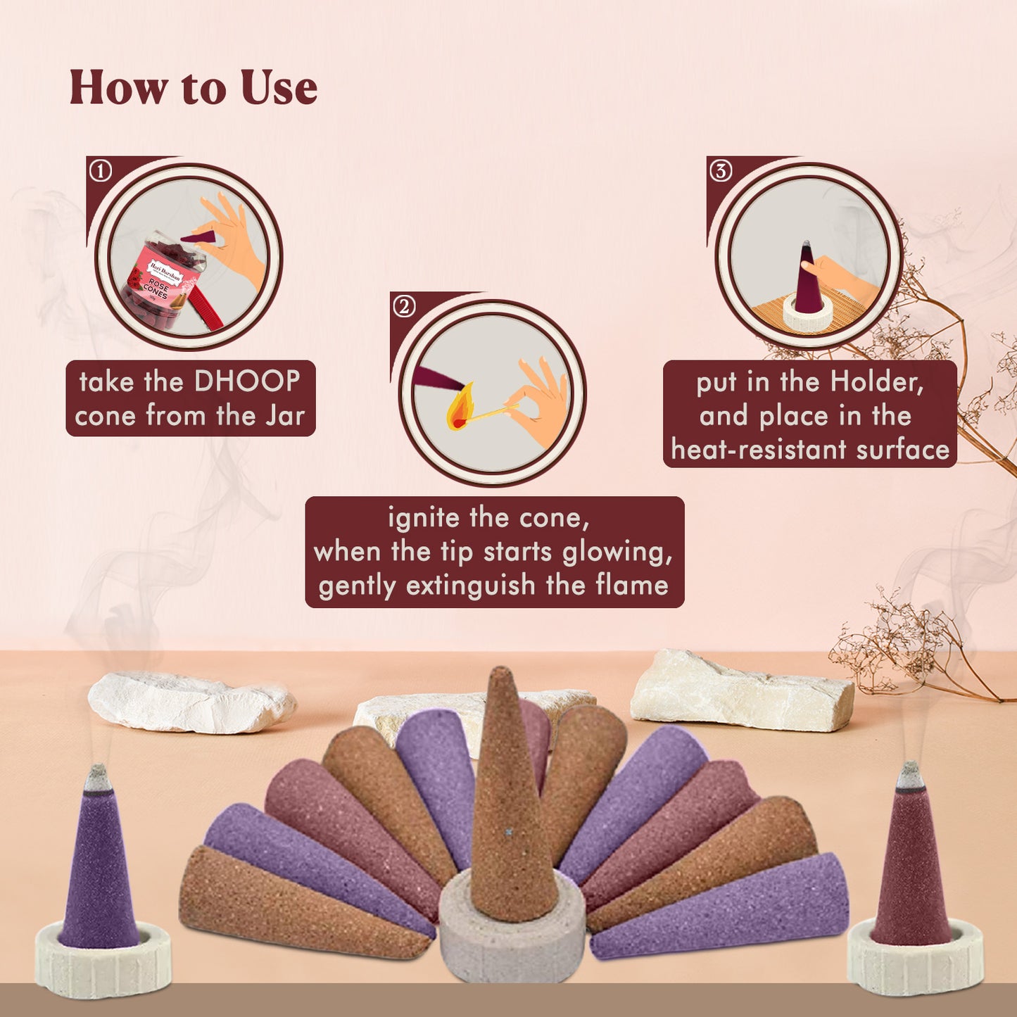 Combo of Lavender, Sandal, Rose - Dhoop Cones Jar - Pack of 3, 65 Pcs in Each Pack