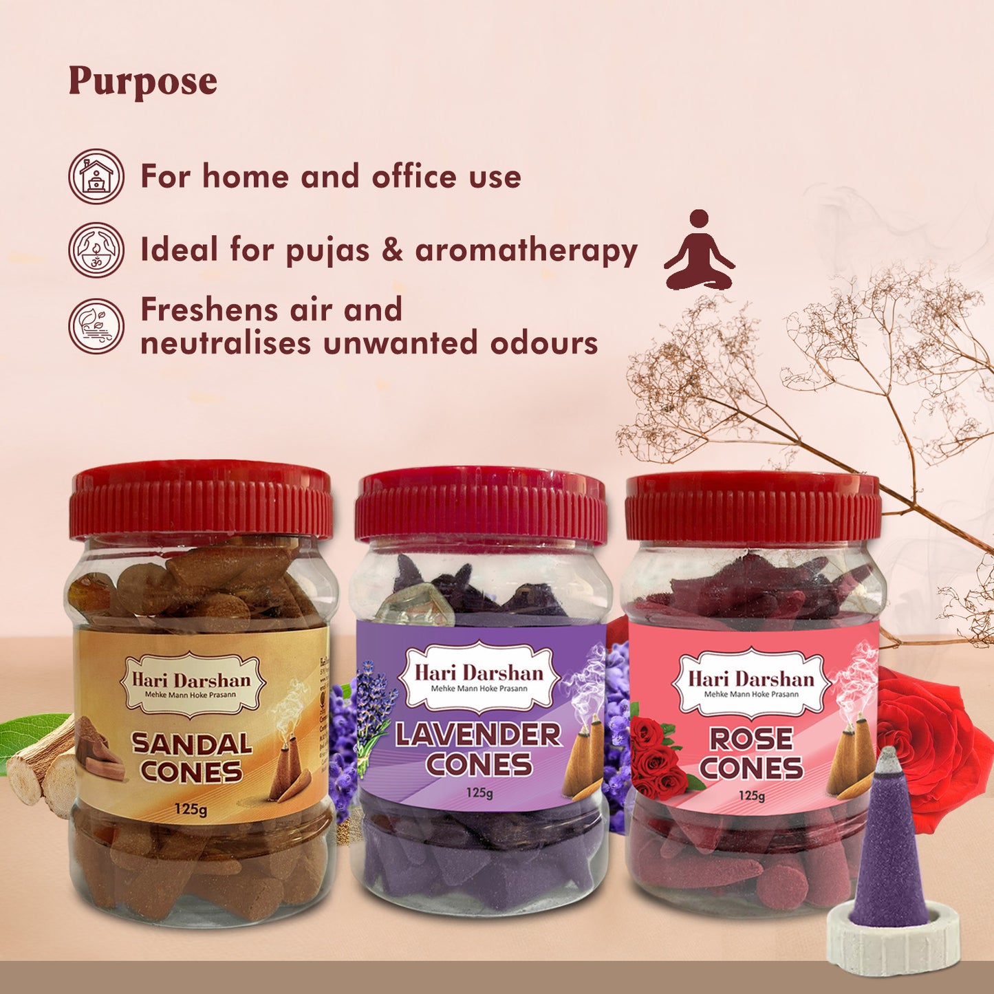 Combo of Lavender, Sandal, Rose - Dhoop Cones Jar - Pack of 3, 65 Pcs in Each Pack
