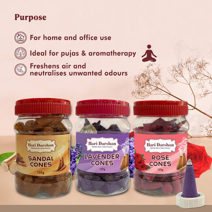 Combo of Lavender, Sandal, Rose - Dhoop Cones Jar - Pack of 3, 65 Pcs in Each Pack