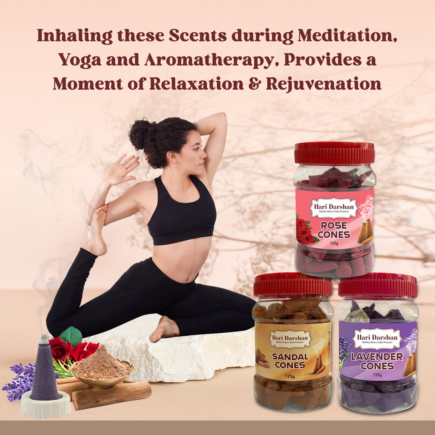 Combo of Lavender, Sandal, Rose - Dhoop Cones Jar - Pack of 3, 65 Pcs in Each Pack