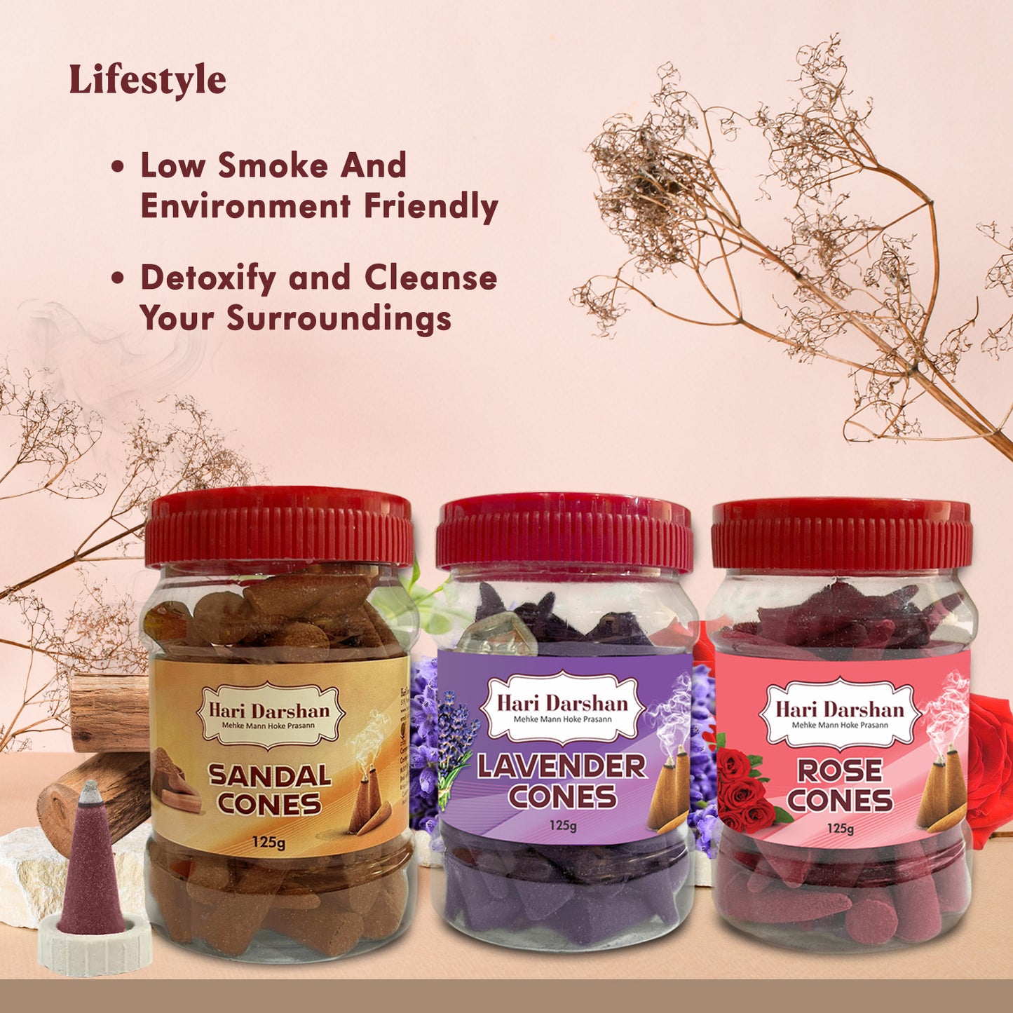 Combo of Lavender, Sandal, Rose - Dhoop Cones Jar - Pack of 3, 65 Pcs in Each Pack
