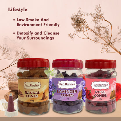 Combo of Lavender, Sandal, Rose - Dhoop Cones Jar - Pack of 3, 65 Pcs in Each Pack