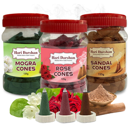 Combo of Rose, Mogra, Sandal - Dhoop Cones Jar - Pack of 3, 65 Pcs in Each Pack