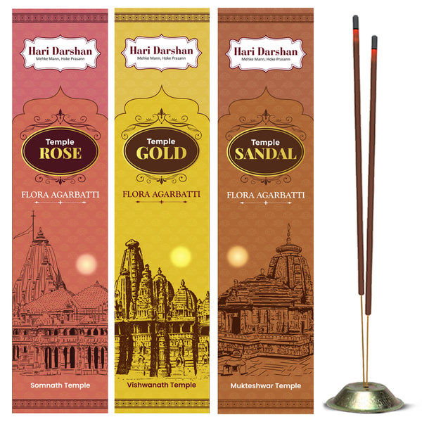 Temple Flora Agarbatti Combo of 3 - Rose ,Sandal and Gold - 12 sticks in each - Hand made Masala Agarbatti  - Pack of 3