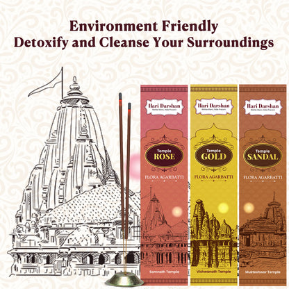 Combo of Temple Flora Agarbatti - Rose, Sandal and Gold - 12 sticks in each - Hand Made Masala Agarbatti  - Pack of 3