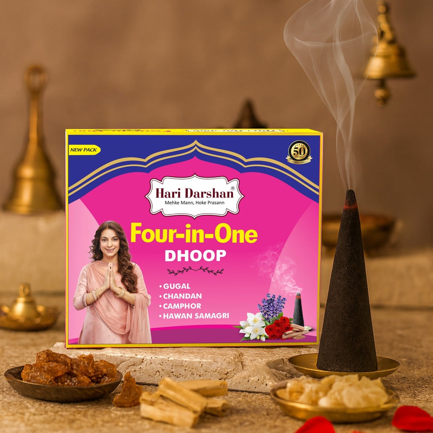 Combo of 4 in 1 Pure Wet Dhoop - Gugal, Chandan, Camphor, Havan Samagri - 16 Sticks in Each Pack