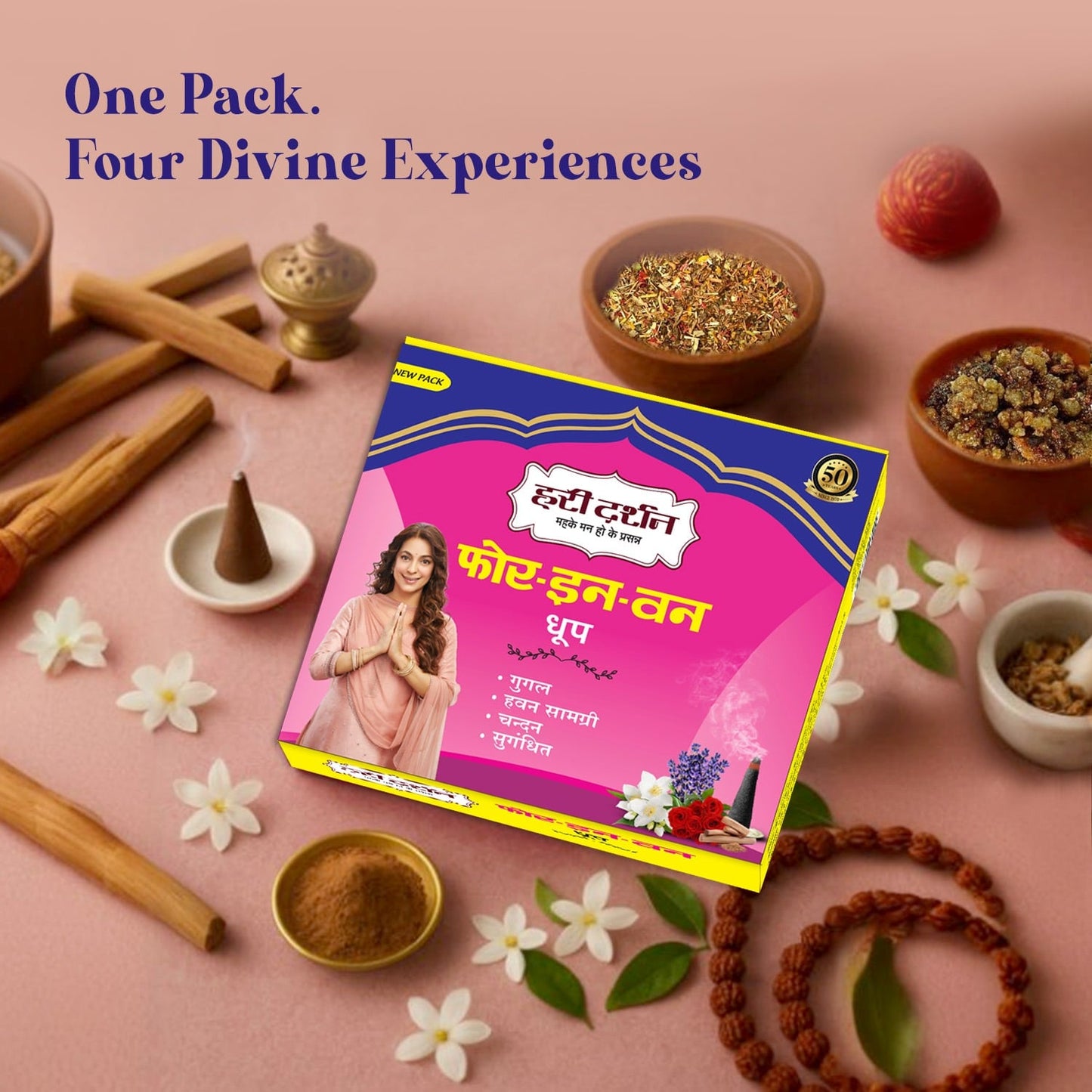 Combo of 4 in 1 Pure Wet Dhoop - Gugal, Chandan, Camphor, Havan Samagri - 16 Sticks in Each Pack