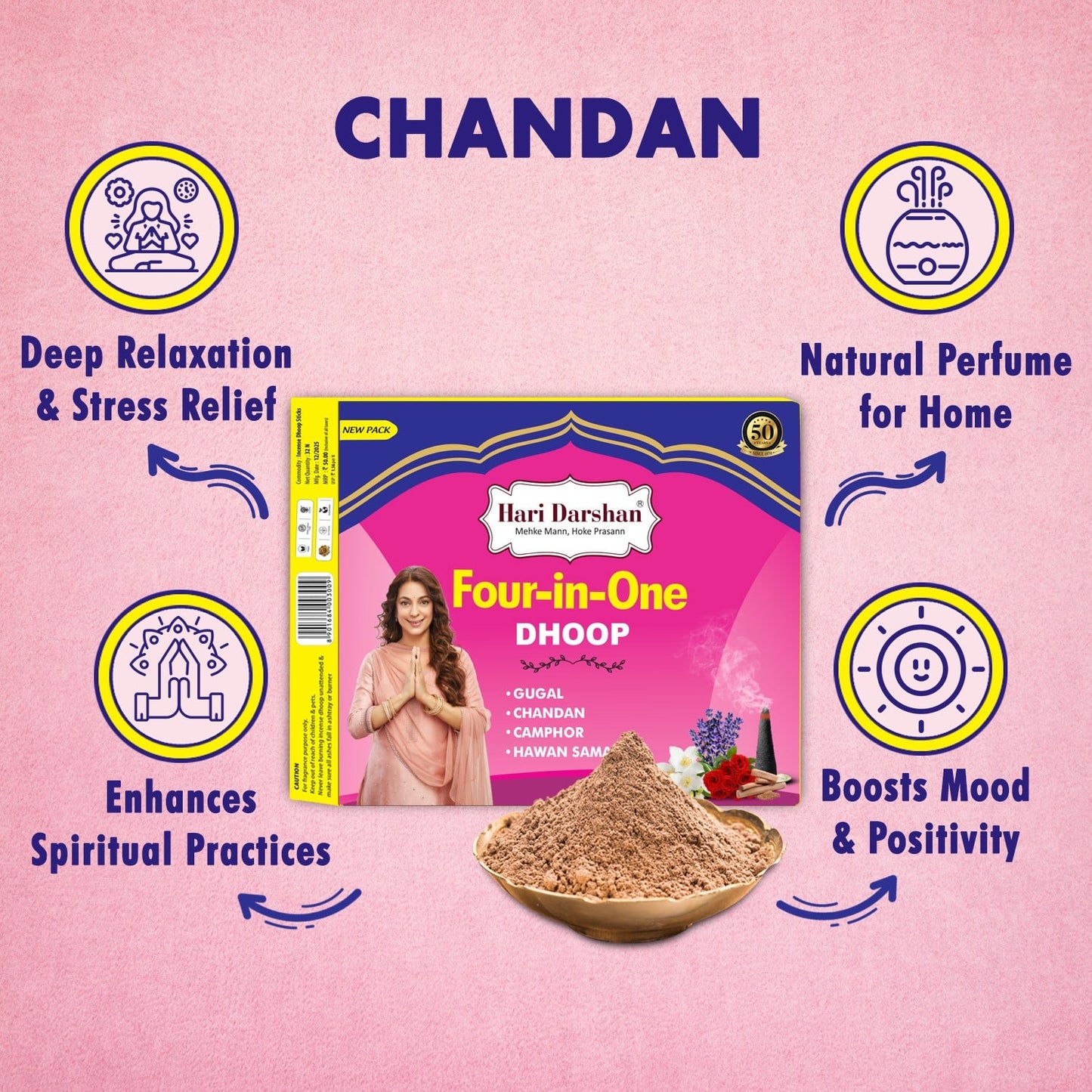 Combo of 4 in 1 Pure Wet Dhoop - Gugal, Chandan, Camphor, Havan Samagri - 16 Sticks in Each Pack