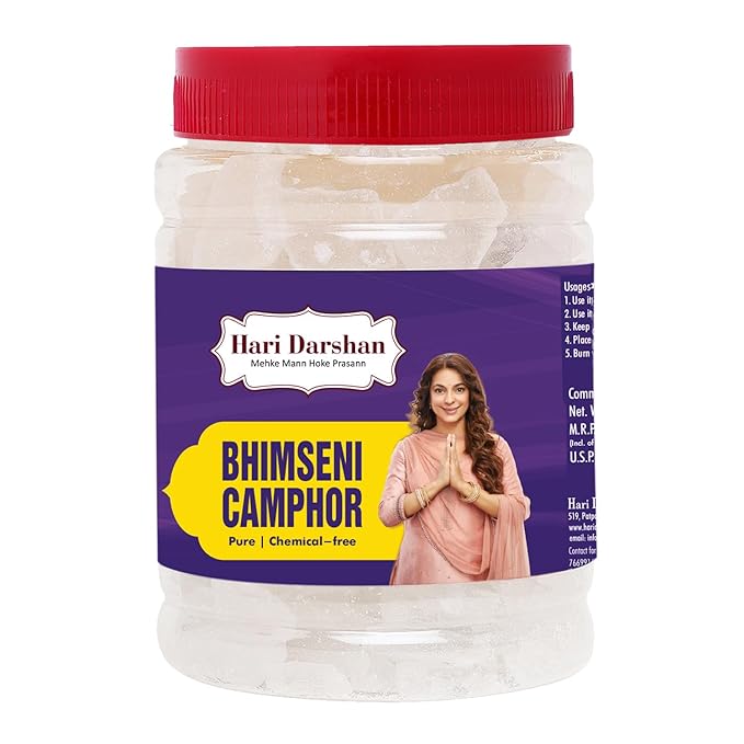 BHIMSENI CAMPHOR - Pure Kapur Crystals - For Pooja, Meditation, Havan or Room Freshener - Jar - 500g
