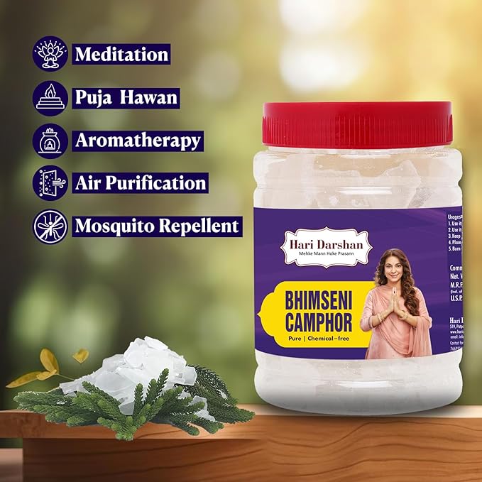 BHIMSENI CAMPHOR - Pure Kapur Crystals - For Pooja, Meditation, Havan or Room Freshener - Jar - 500g