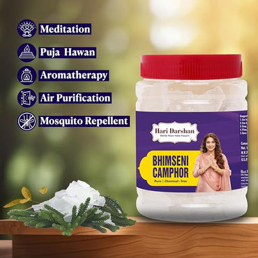 BHIMSENI CAMPHOR - Pure Kapur Crystals - For Pooja, Meditation, Havan or Room Freshener - Jar - 500g