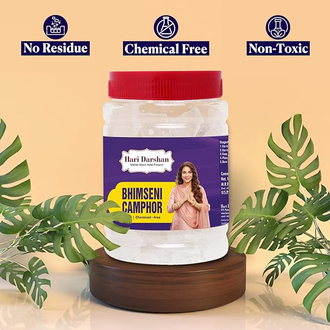 BHIMSENI CAMPHOR - Pure Kapur Crystals - For Pooja, Meditation, Havan or Room Freshener - Jar - 500g