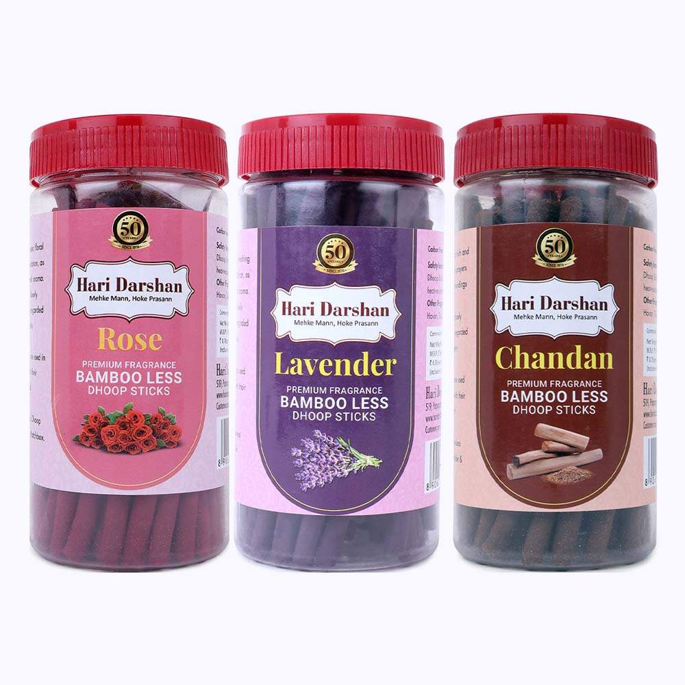 Combo Pack of Bamboo Less Dhoop Sticks - Rose, Chandan, Lavender - 125g Each, Pack of 3