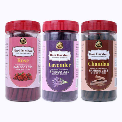 Combo Pack of Bamboo Less Dhoop Sticks - Rose, Chandan, Lavender - 125g Each, Pack of 3
