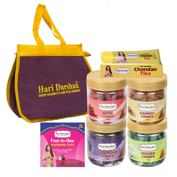 Dry Dhoop Cones Combo - (Pack of 4, 125g Each) & with Four in One Sambrani Cups and Yellow Chandan Tika with Free Bag